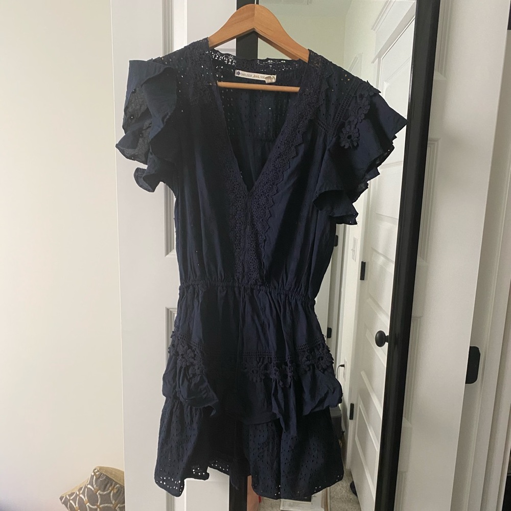 NAVY LACE EYELET TIERED DRESS